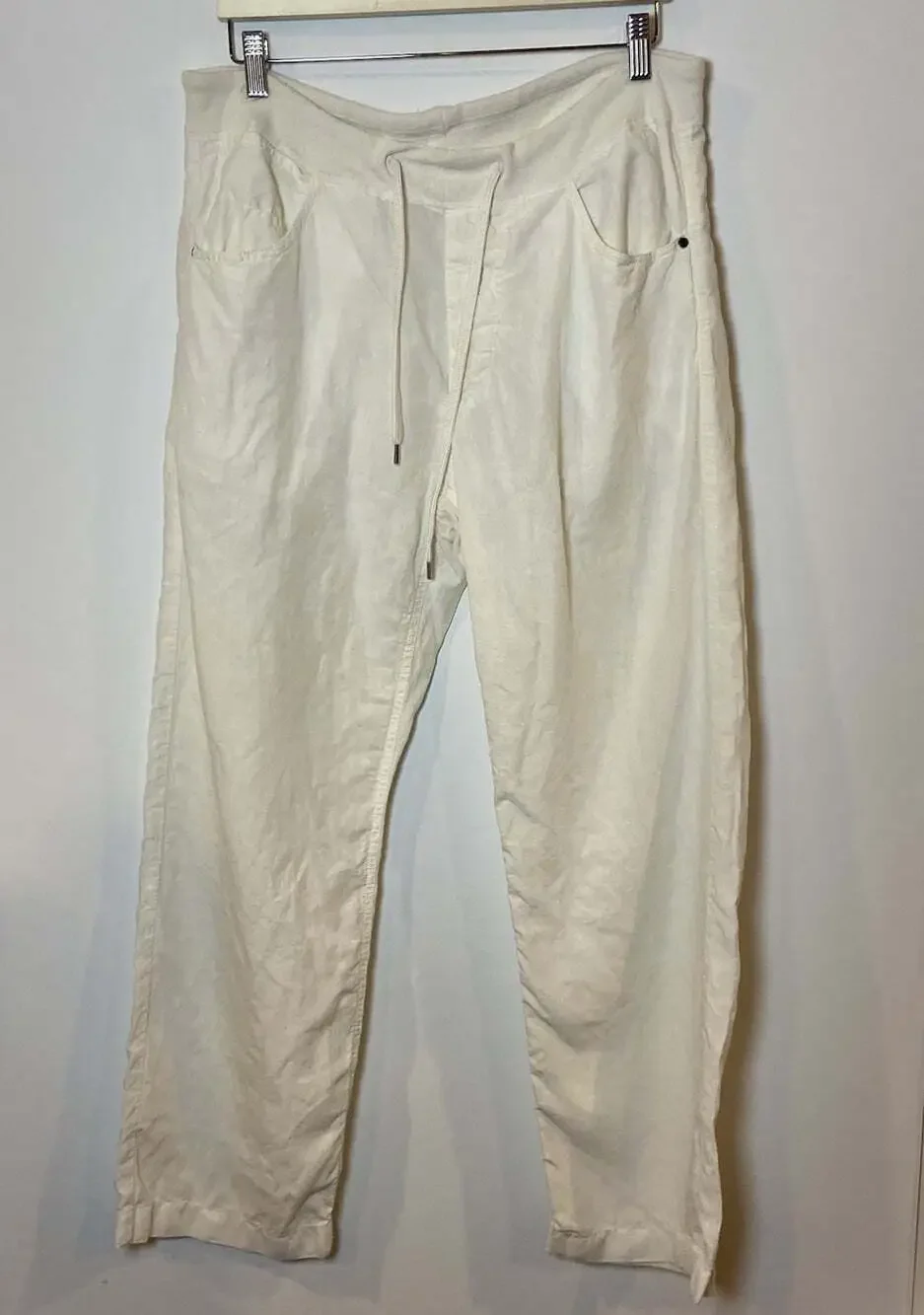 Men's 120% Lino Linen Pants Italy Straight Leg Drawstring Cream Size 52 XL